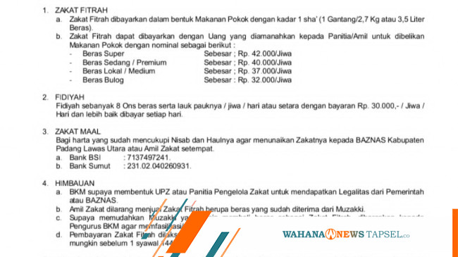 Besaran Zakat Fitrah Dan Fidyah Untuk Tahun 2024 Di Paluta Segini