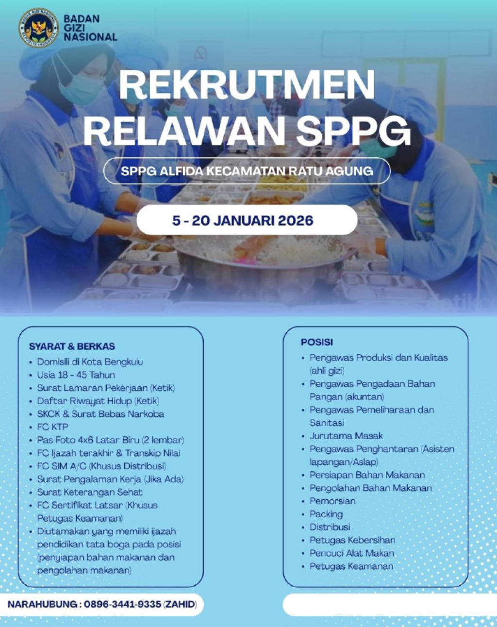 Badan Gizi Nasional Buka Rekrutmen Relawan SPPG Alfida di Kecamatan Ratu Agung