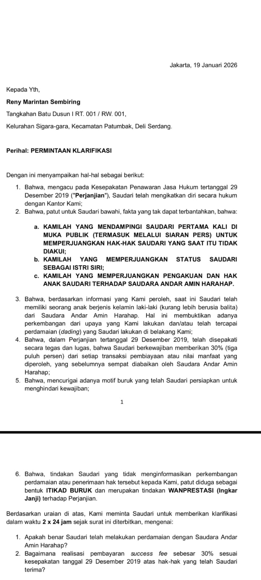 Diduga Kangkangi Kuasa Hukum, Kasus Istri Siri Andar Amin Harahap Terungkap! Kuasa Hukum Geram