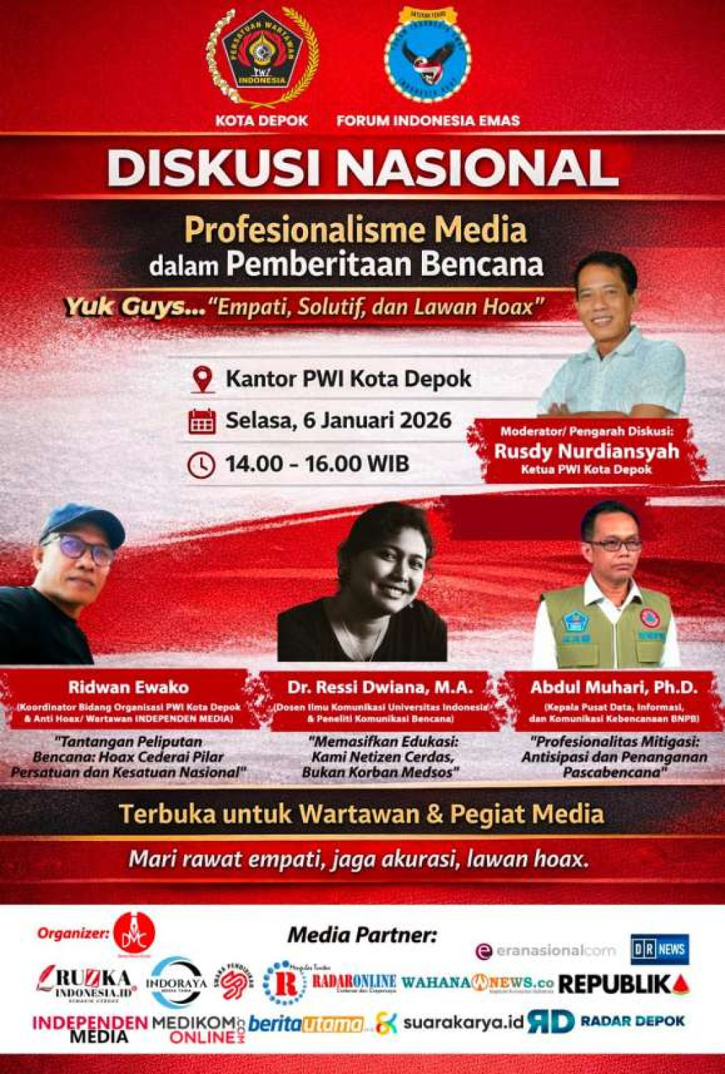 FIE - PWI Kota Depok: Antihoaks dan Profesionalisme Berita Bencana