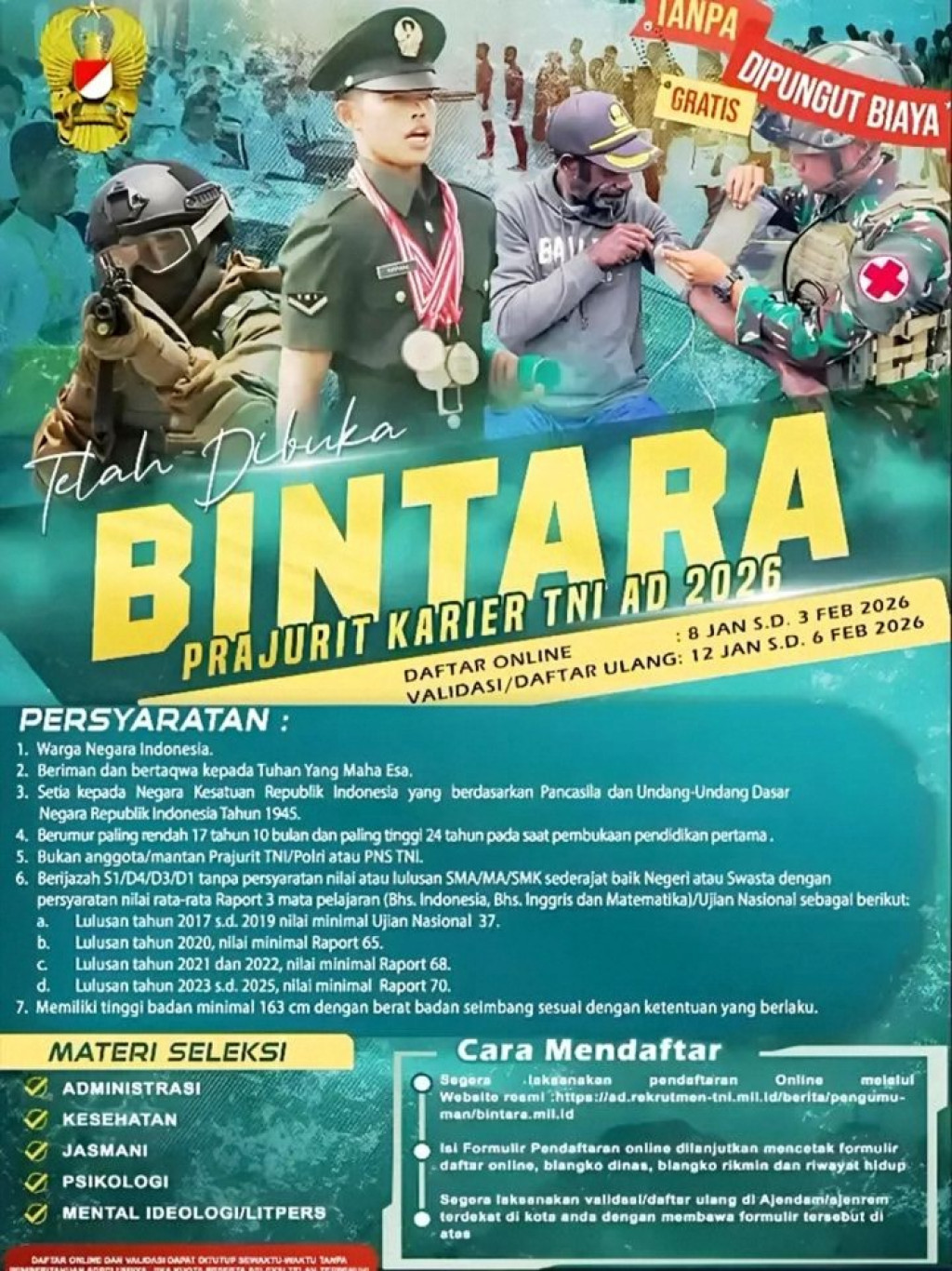 Penerimaan Bintara Prajurit Karir (PK) TNI AD Tahun 2026: Tidak Dipungut Biaya (Gratis)
