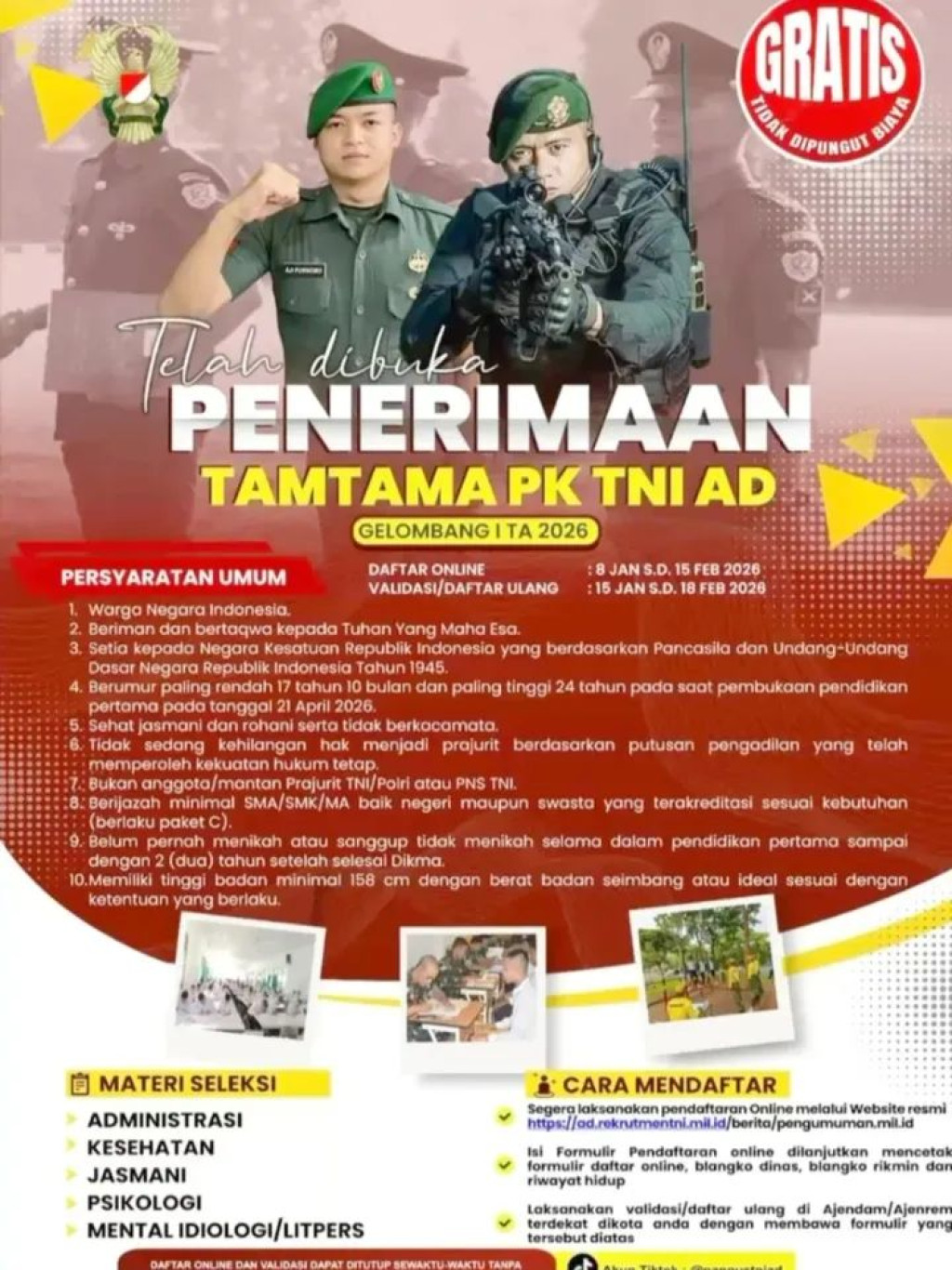 Penerimaan Tamtama PK TNI AD Gelombang I Tahun Anggaran 2026