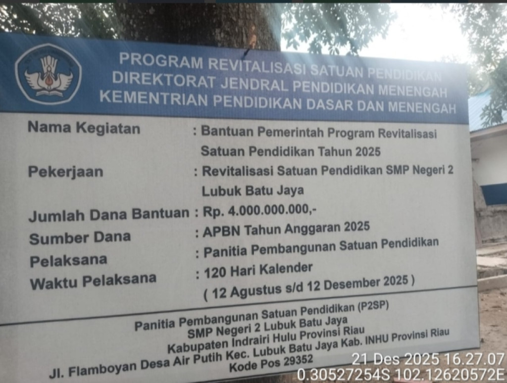 Diduga Cacat Mutu, Revitalisasi SMP Negeri 2 Lubuk Batu Jaya Tetap Diserahterimakan