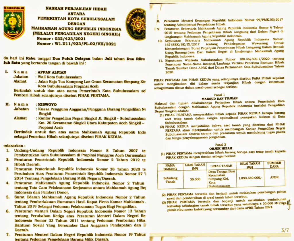 Pengadaan Tanah Hibah untuk Pembangunan Kantor PN Subulussalam Patut Dipertanyakan