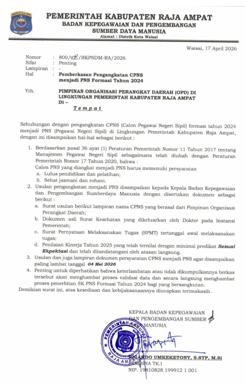 Tahap Akhir! CPNS Raja Ampat Formasi 2024 Segera Ditetapkan Jadi PNS
