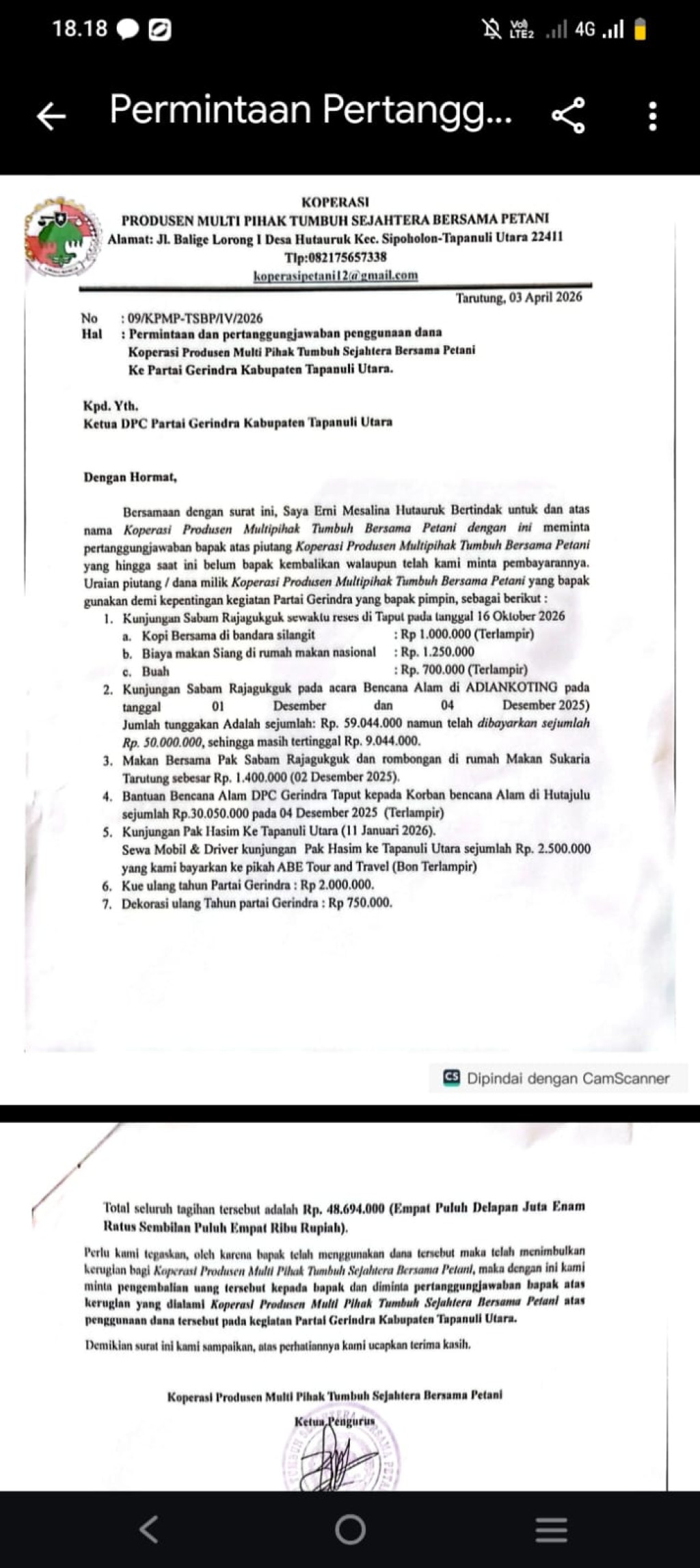 Diduga Gunakan Dana Koperasi Untuk Kepentingan Partai, Koperasi Produsen Multi Pihak Tumbuh Sejahtera Bersama Petani Tuntut DPC Gerindra Taput Kembalikan Rp 86,6 Juta