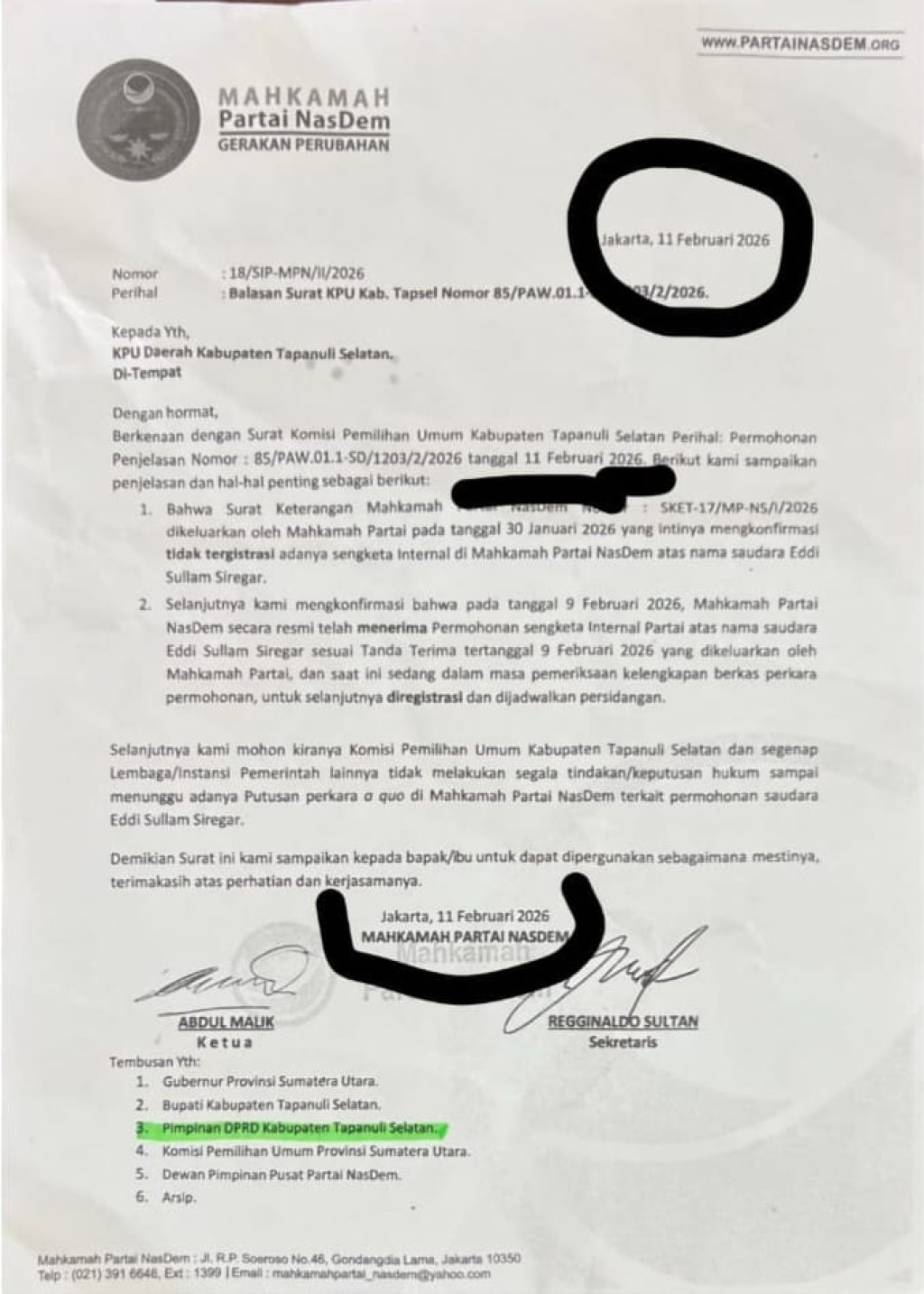 PAW DPRD Tapsel Mandek, Sikap Mahkamah Partai Nasdem Dipertanyakan Publik