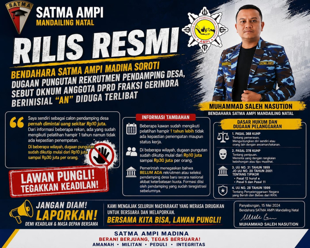 Sama AMPI Madina Bongkar Dugaan Kutipan Rp 30-40 Juta Rekrutmen Pendamping Desa di Mandailing Natal
