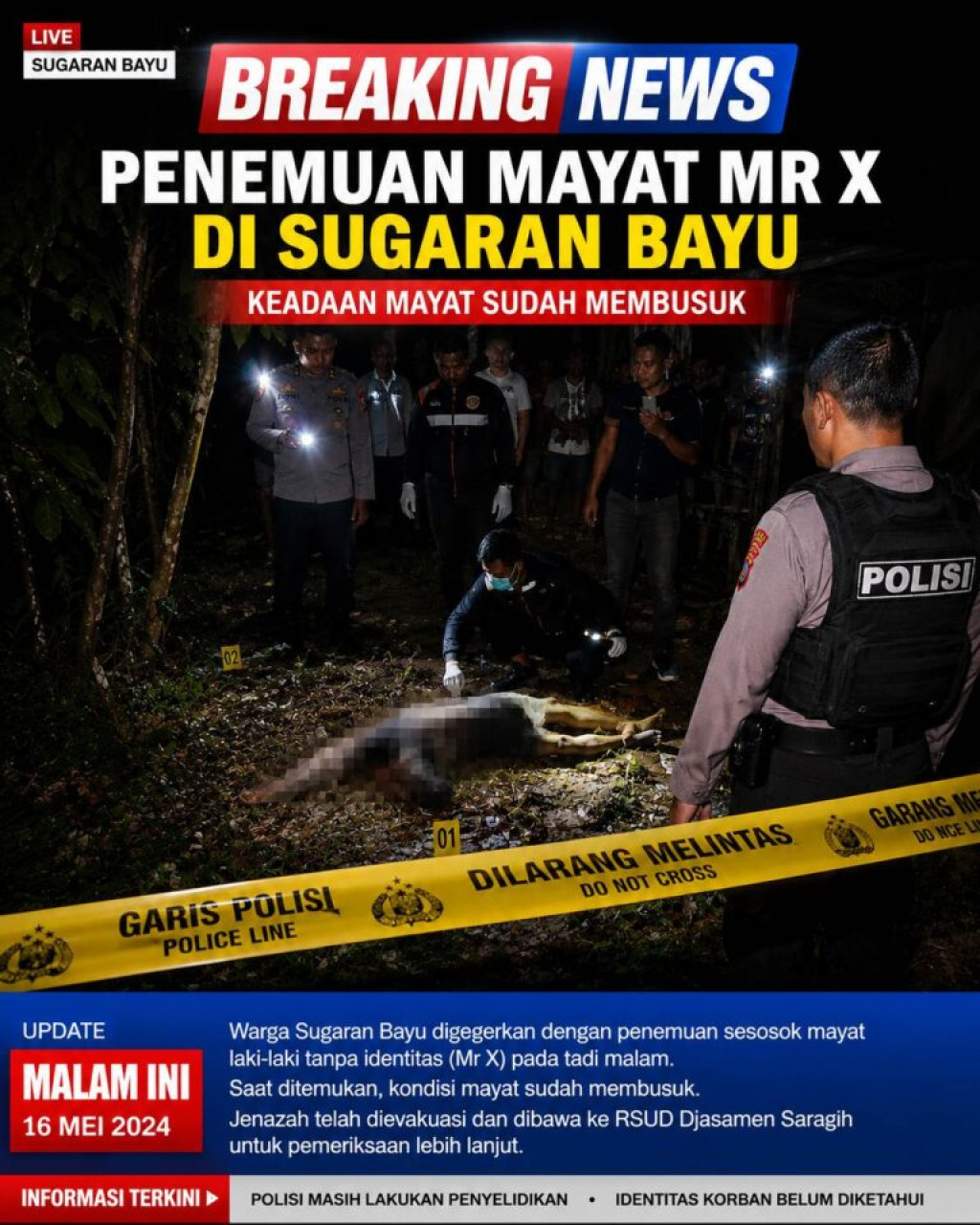 Warga Sugaran Bayu Digemparkan Dengan Penemuan Mayat Telah Membusuk Tanpa Identitas