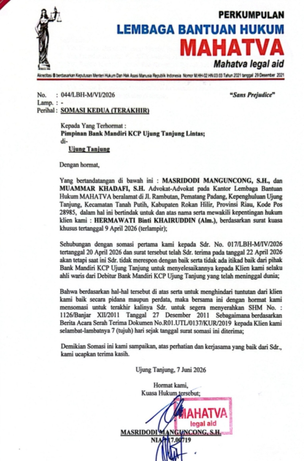 Ahli Waris Debitur Layangkan Somasi Terakhir ke Bank Mandiri KCP Ujung Tanjung Lintas, Tuntut Pengembalian Sertifikat Agunan