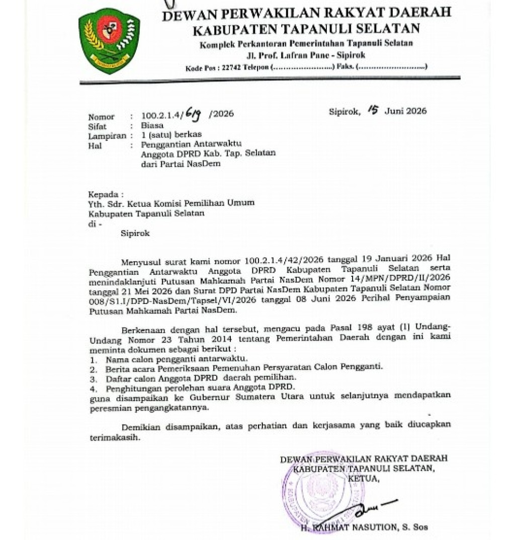 KPU Tapsel Tetapkan M.Yusuf Siregar sebagai Calon PAW  DPRD dari Nasdem