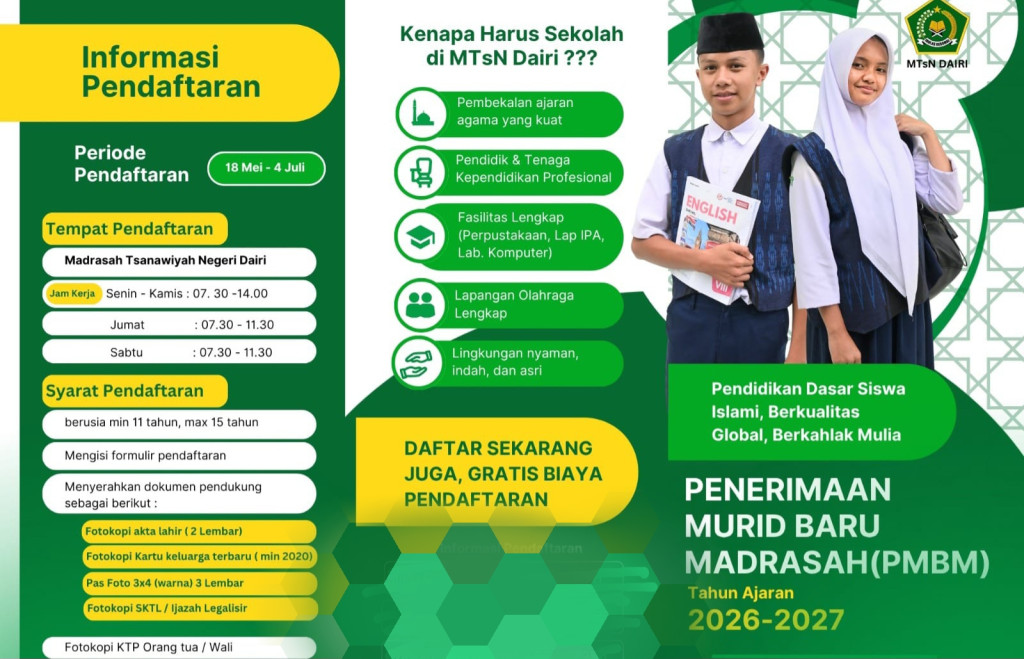MTsN Dairi Buka Penerimaan Murid Baru Madrasah TP 2026/2027