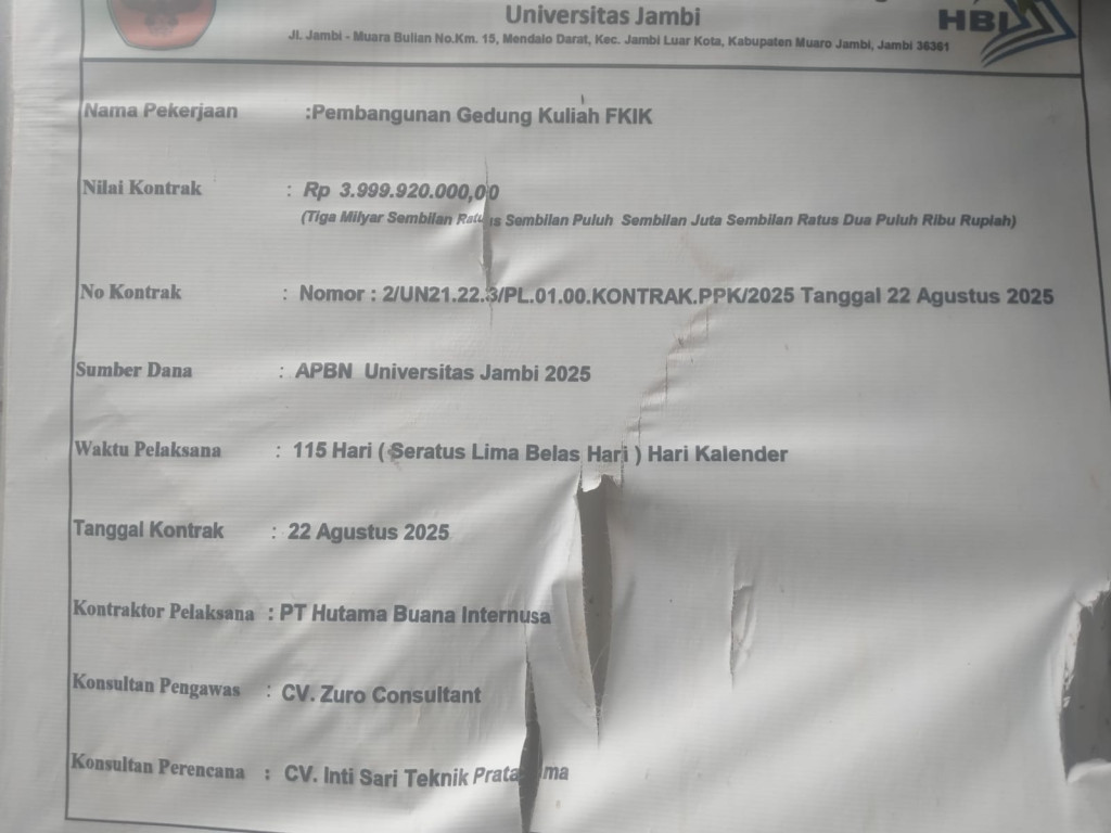 Pembangunan Gedung FKIK UNJA Rp.3.9 Milyar Mangkrak, KEJATI, KAPOLDA dan BPK Provinsi Diminta Ambil Alih Kasus