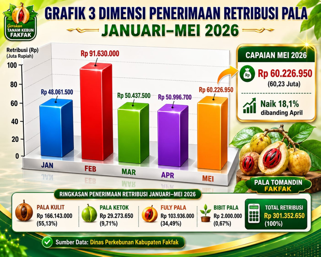 Retribusi Pala Fakfak Tumbuh 18,10%, Transaksi Mei 2026 Capai Rp11,3 Miliar