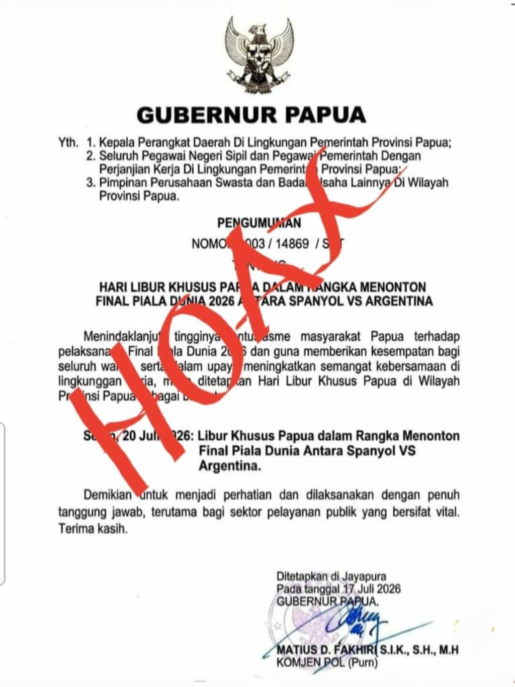 Pemprov Papua Tegaskan Flyer Libur Nonton Final Piala Dunia 2026 Adalah Hoaks