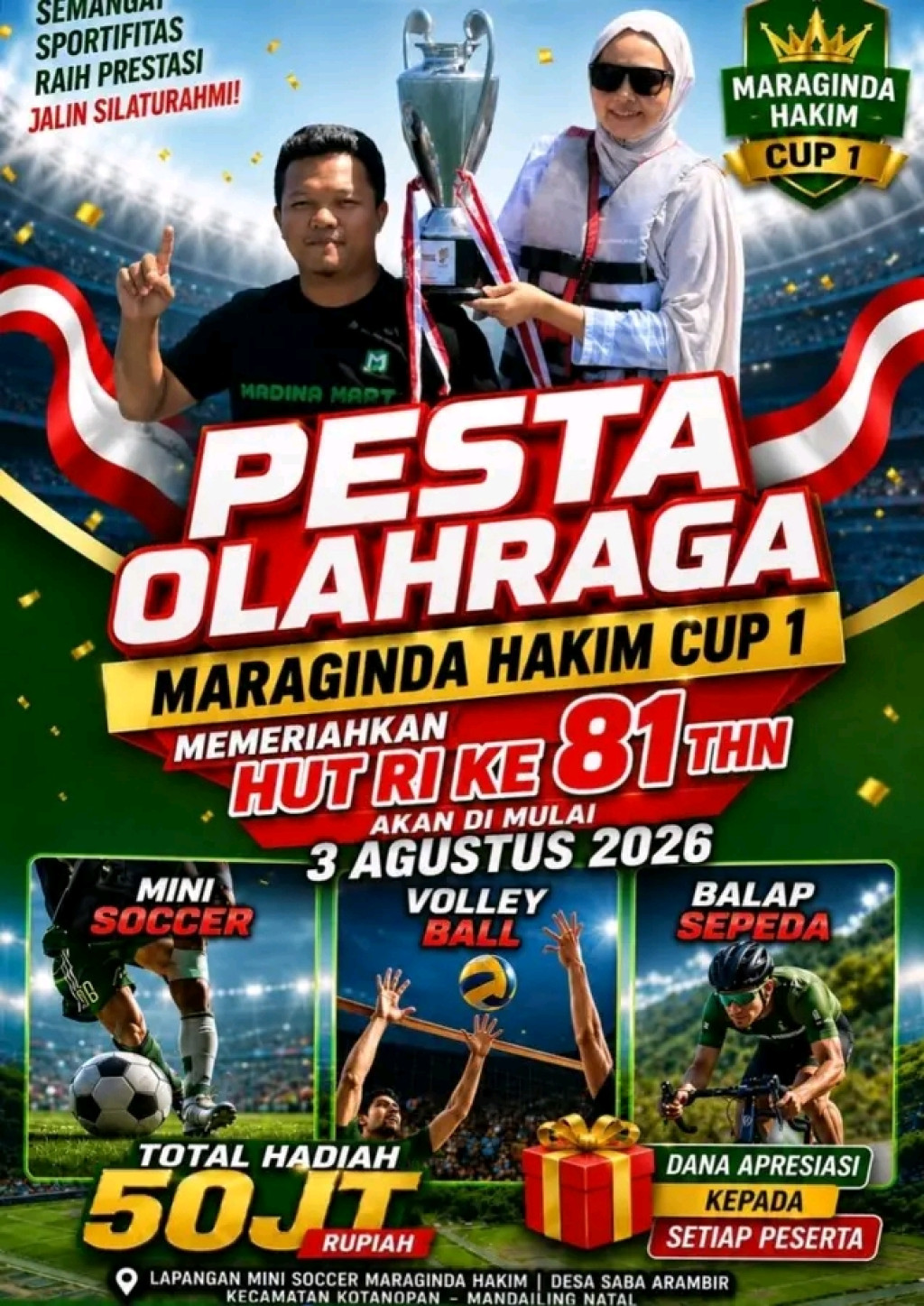 Tiga Cabang Olahraga Segera Digelar dalam Turnamen Maraginda Hakim Cup I, Sekaligus Meriahkan HUT RI ke-81 di Kotanopan