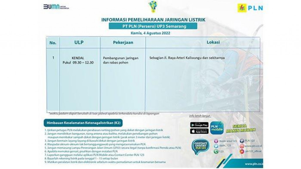 Info Pemeliharaan Jaringan PLN ULP Kendal 4 Agustus 2022