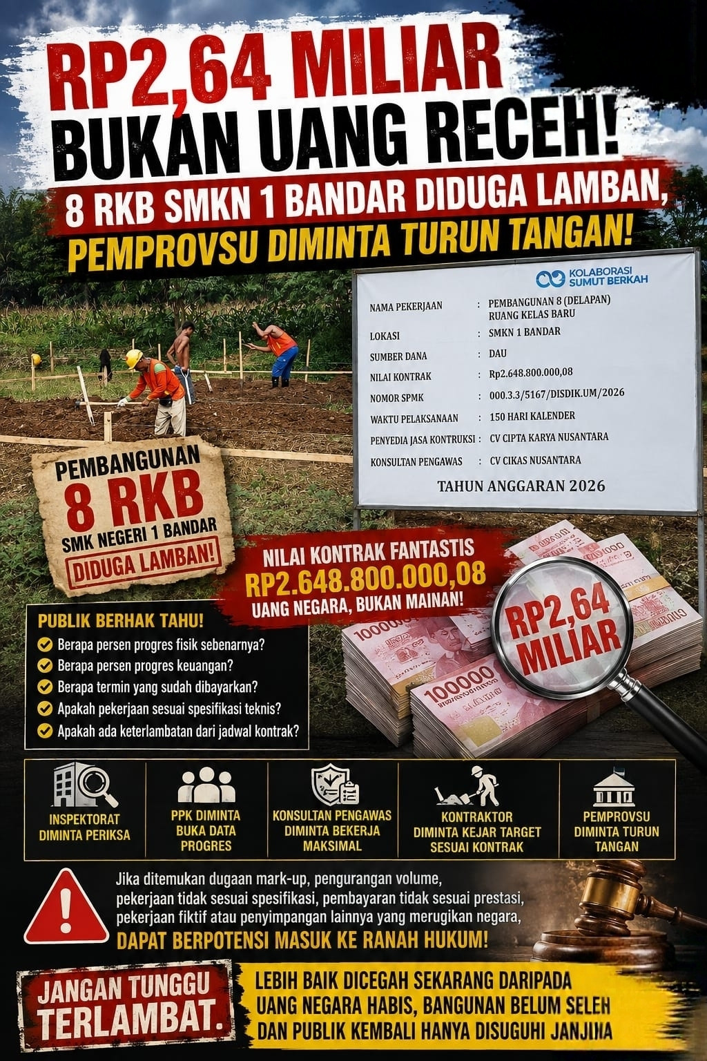 Rp2,64 Miliar Bukan Uang Receh! Pembangunan 8 RKB SMKN 1 Bandar Disorot
