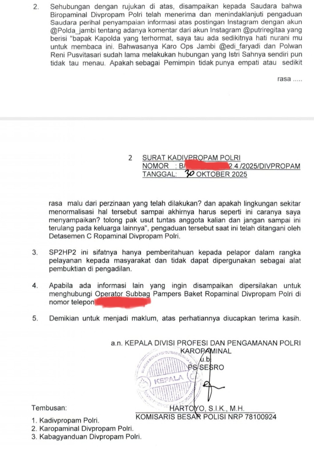 Dugaan Perselingkuhan Oknum PJU Polda Jambi Dilaporkan ke Propam Mabes Polri