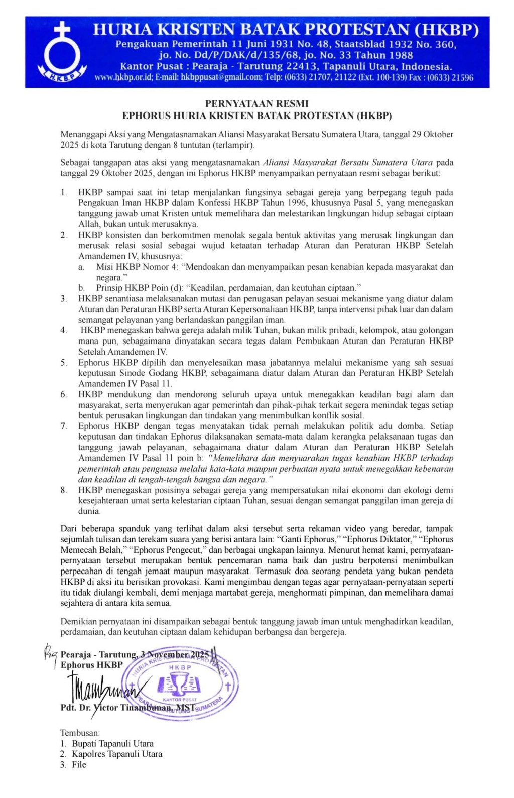 HKBP Tegas Membantah Tudingan dalam Aksi Unjuk Rasa di Tarutung