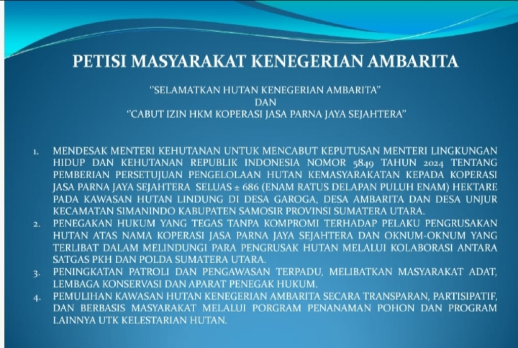 Masyarakat Kenegerian Ambarita Sampaikan Surat Petisi Pada Anggota DPRD Sumut akan Penyelamatan Hutan Dan Meminta Izin  HKm Koperasi Parna Jaya Di Cabut