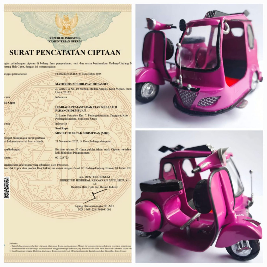 Miniatur Becak Vespa Karya Warga Binaan Lapas Padangsidimpuan Resmi Kantongi Hak Cipta