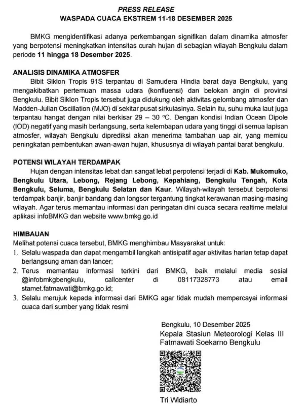 Bengkulu Terancam Hujan Sangat Lebat 11–18 Desember 2025