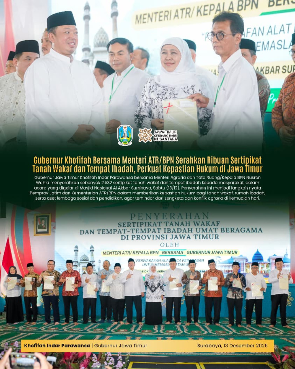 Gubernur Khofifah Bersama Menteri Nusron Wahid Serahkan 2.532 Sertipikat Tanah Wakaf dan Tempat Ibadah di Jatim