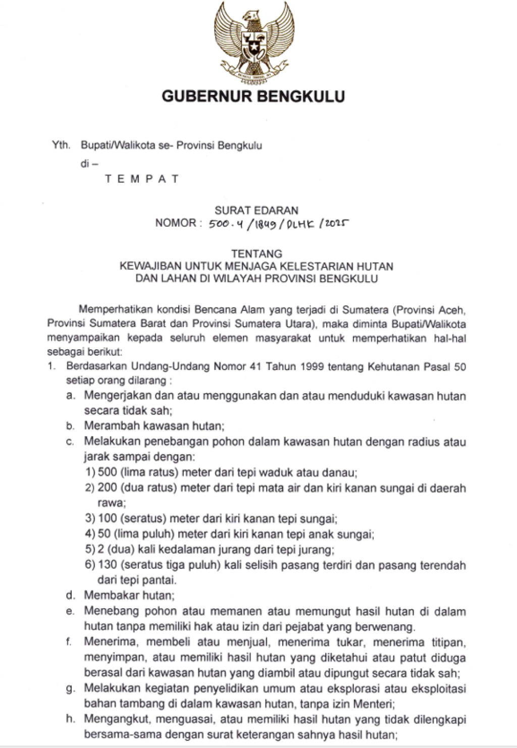 Helmi Hasan Teken Himbauan Jaga Hutan Bengkulu