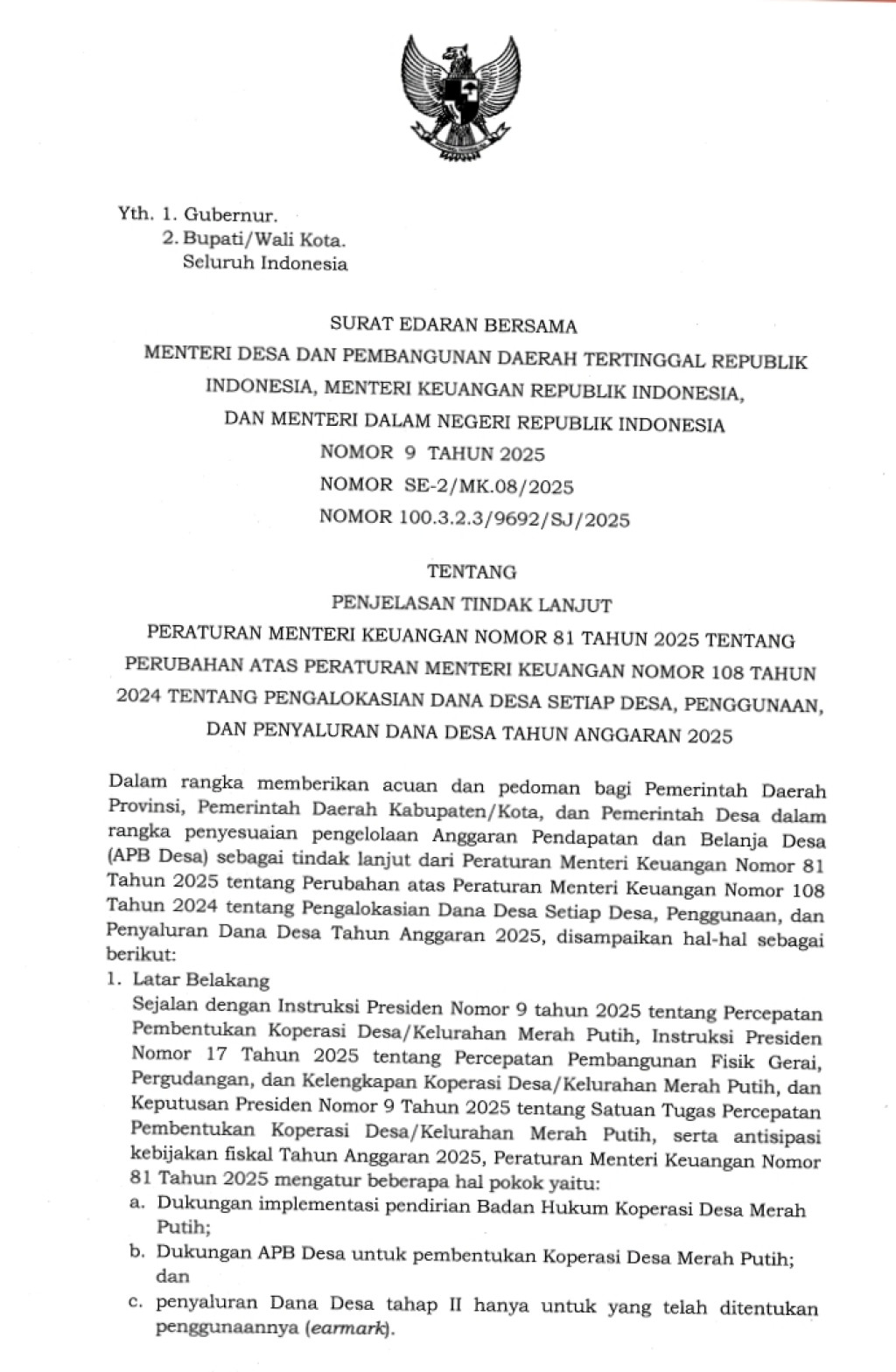 Surat Edaran Bersama Kemendes Kemenkeu dan Kemendagri Solusi Bagi Kades Terkait Akan PMK 81 Tahun 2025