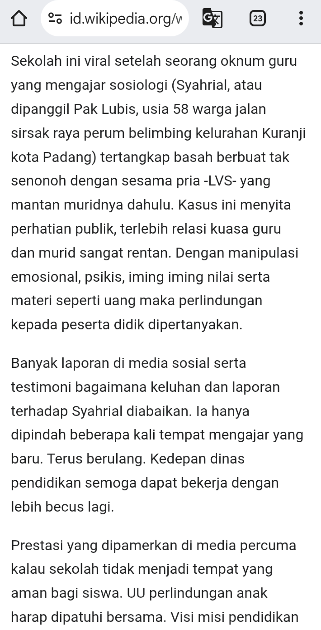 Wikipedia SMAN 11 Padang Telah Terupdate Setelah Viral Oknum Guru Cabul
