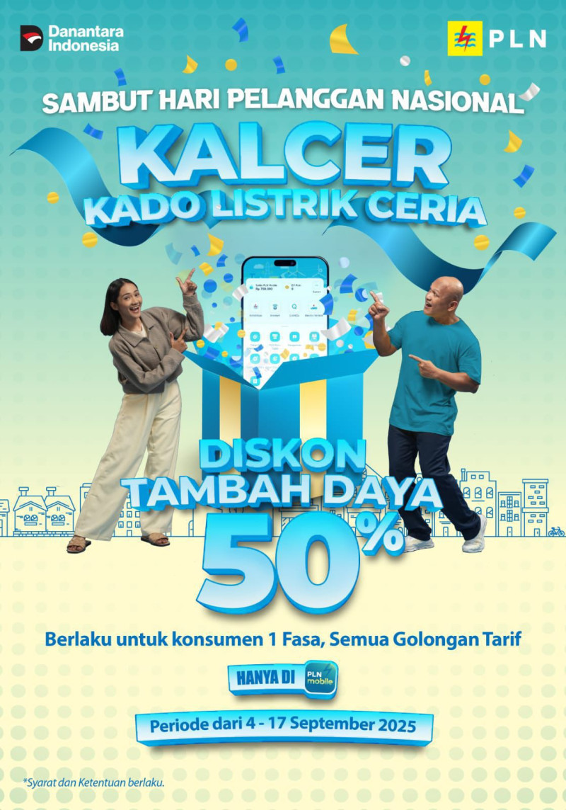 PLN menghadirkan program spesial Kado Listrik Ceria (KALCER) dalam rangka Hari Pelanggan Nasional 2025, melalui program ini pelanggan dapat menikmati diskon tambah daya listrik 50% yang berlangsung mulai 4 hingga 17 September 2025.