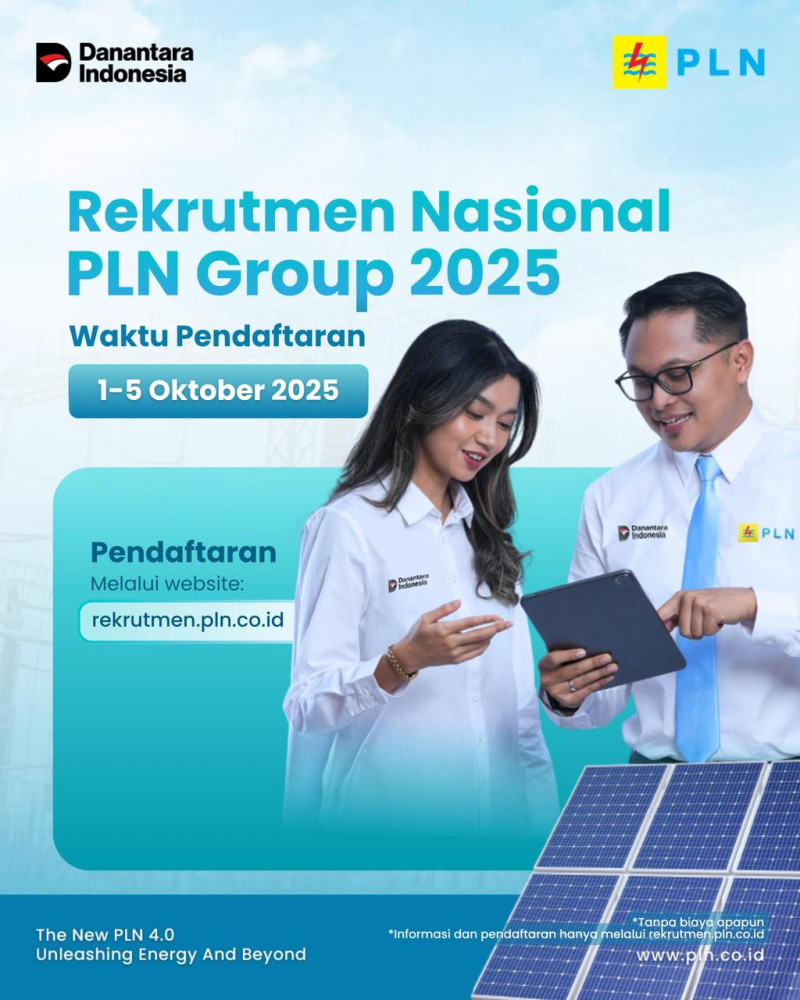 PLN membuka rekrutmen nasional PLN Group yang diperuntukkan bagi pelamar lulusan Diploma 3 (D3), Sarjana/Diploma 4 (S1/D4), dan Magister (S2) yang dibuka sampai dengan 5 Oktober 2025 melalui situs resmi rekrutmen.pln.co.id.